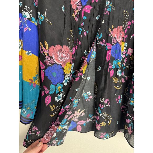 Kobi Halperin Blouse Womens Large Black Floral Bell Sleeve Cotton Silk Boho - Picture 11 of 13